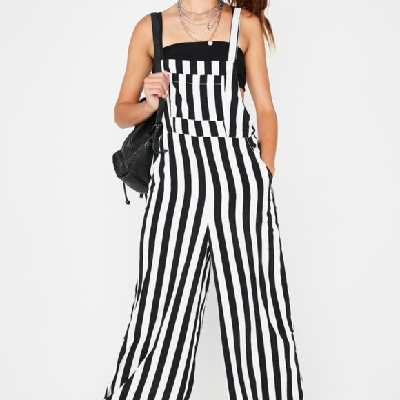 Dolls Kill Pants - Dolls Kill Black and White Stripe Overalls SMALL